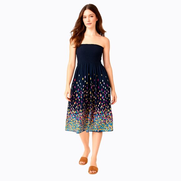 Strapless Smocked Bodice Navy Sundress Diamond Pattern Y2K Whimsigoth Summer SzS - Picture 1 of 6